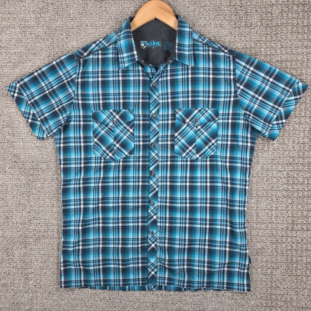 Kuhl Eluxur Mens Medium‎ Blue Plaid Short Sleeve Pearl Snap Button Hiking Shirt